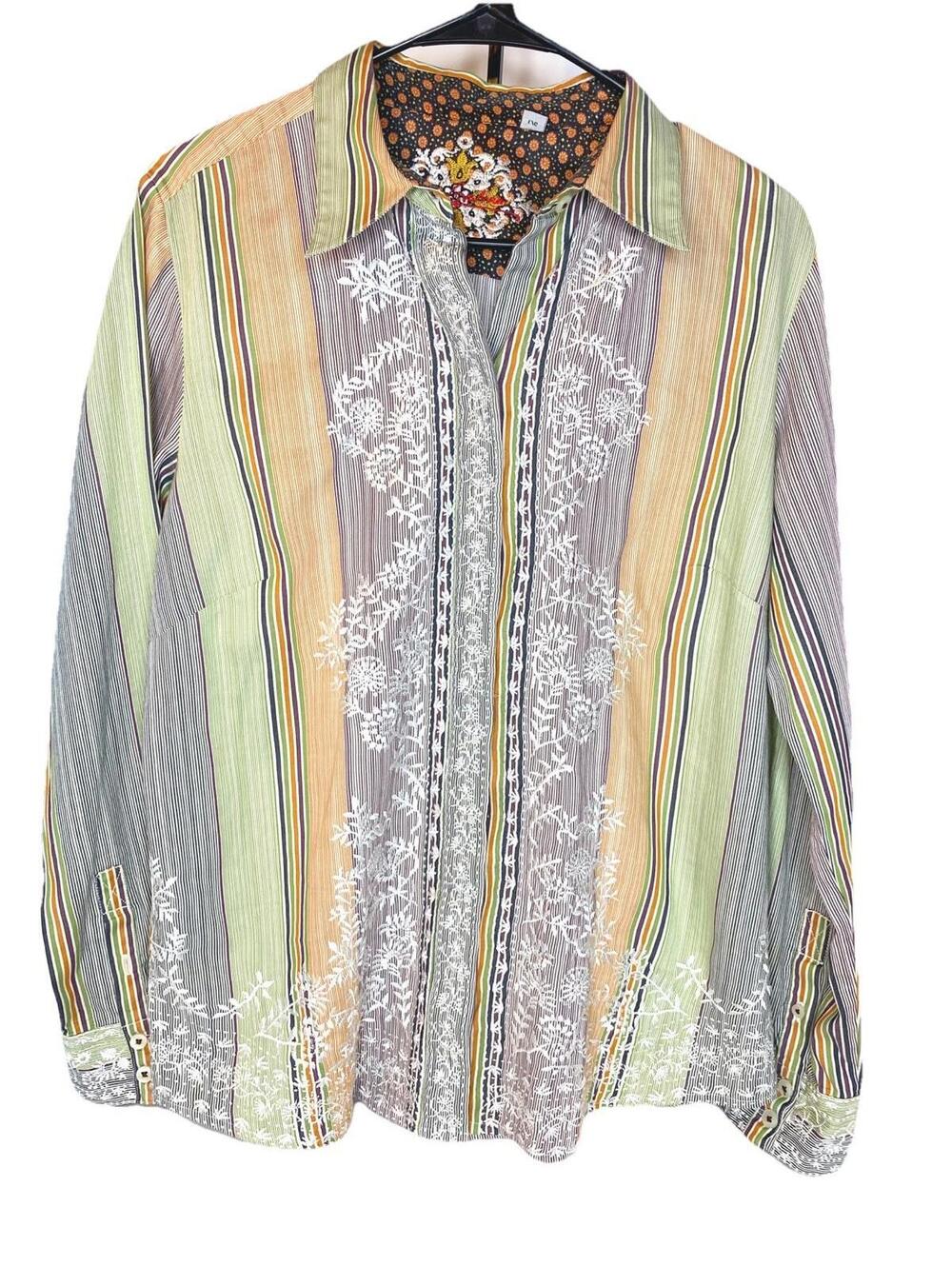 Robert Graham Striped Tailored Blouse Floral Embroidered Size Large